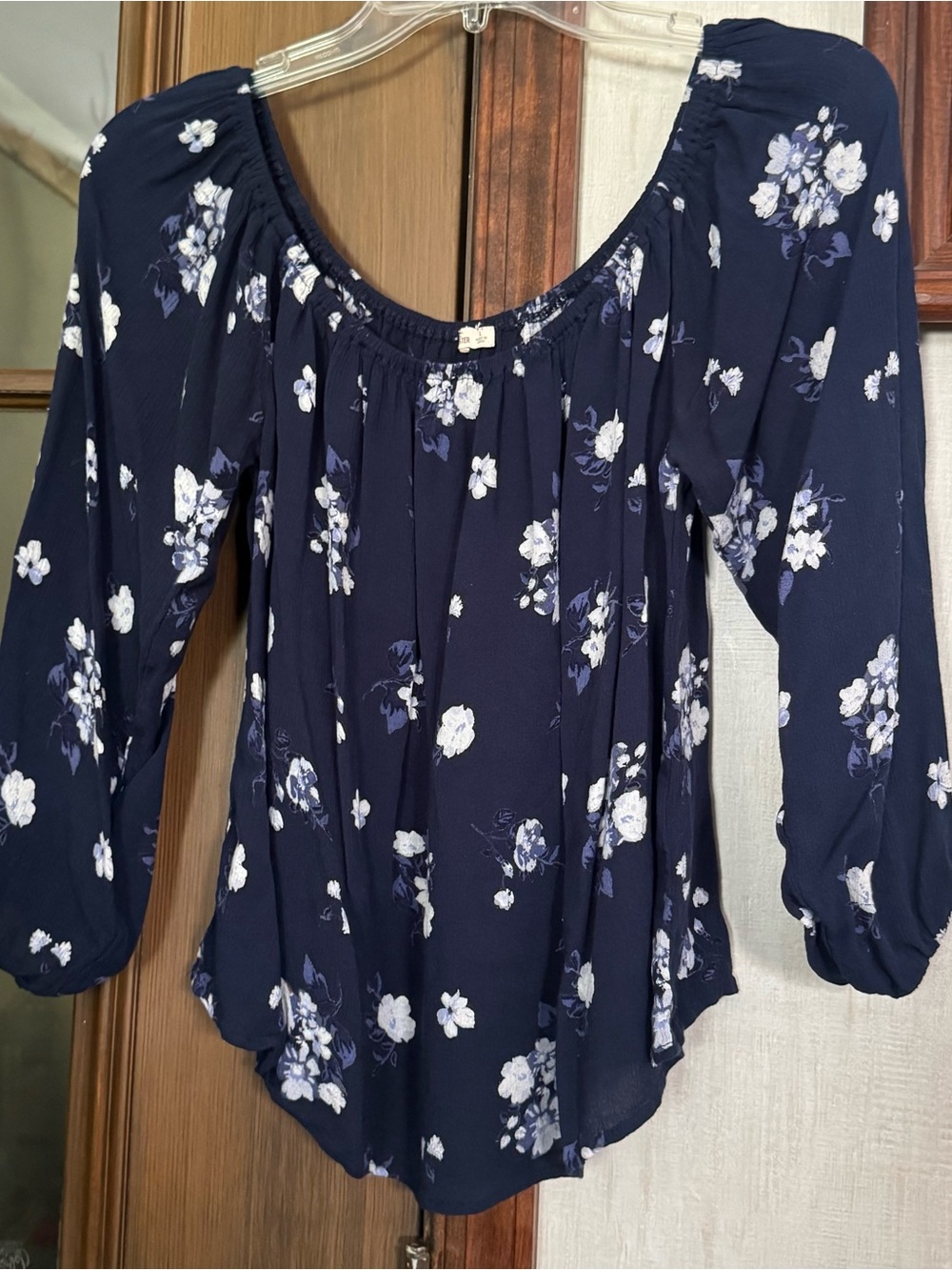Hollister Navy Blue Floral Off-Shoulder Peasant Blouse